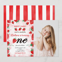 Convite de aniversário de morango editável com fot