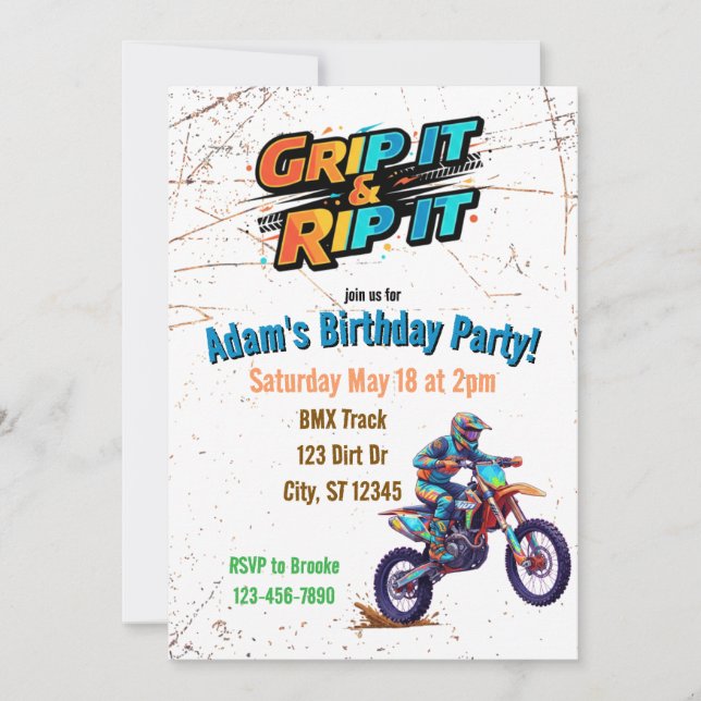 Convite de Aniversário de Moto de Trilha 'Segure e (Frente)
