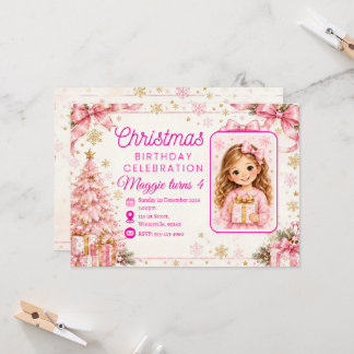 Convite de Aniversário de Natal Rosa Personalizado