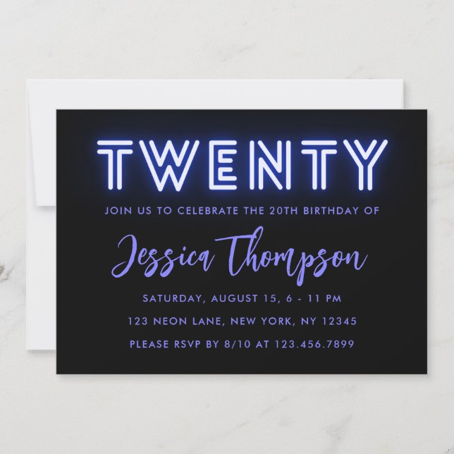 Convite de aniversário de Neon Blue 20 (Frente)