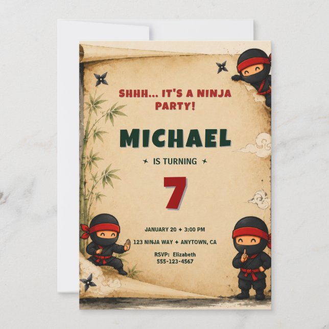 Convite de Aniversário de Ninja Fofo (Frente)