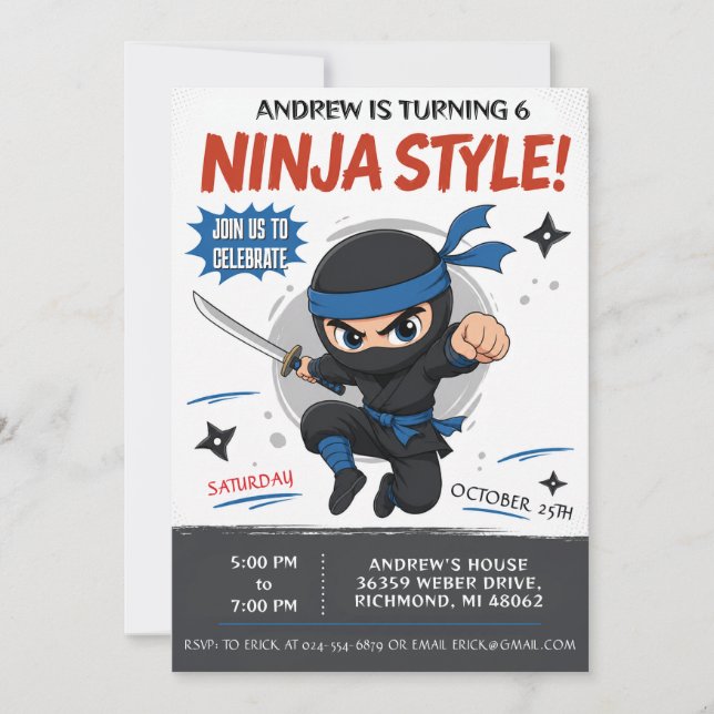 Convite de Aniversário de Ninjas Personalizado (Frente)