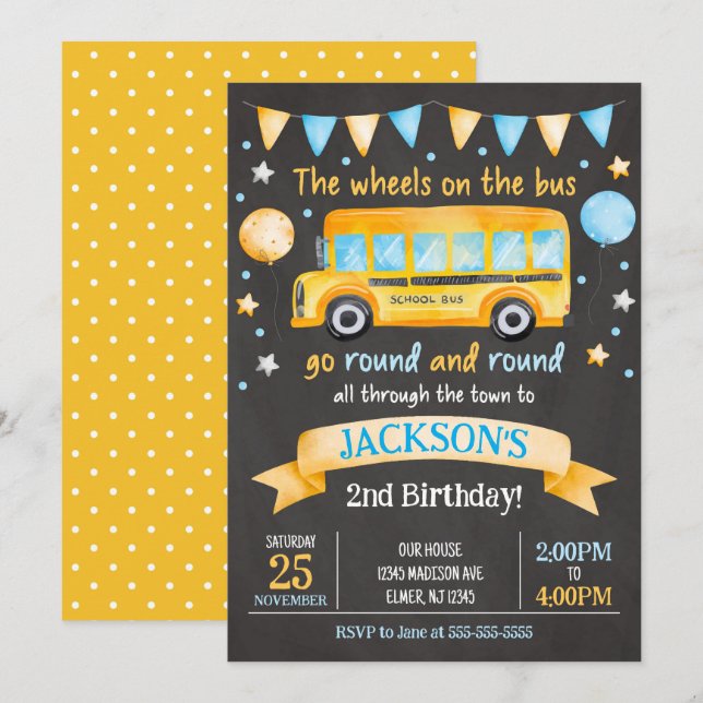 Convite de Aniversário de Ônibus Escolar / Rodas n (Frente/Verso)