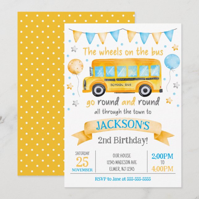 Convite de Aniversário de Ônibus Escolar / Rodas n (Frente/Verso)