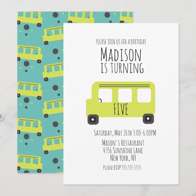 Convite de Aniversário de Ônibus para Qualquer Ida (Frente/Verso)