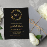 Convite de aniversário de orçamento de coroa negra<br><div class="desc">Fundo preto. Uma coroa floral ouro. Personalize e adicione seu nome,  idade e detalhes da festa. 1 folha = 1 convite impresso de borda a borda.</div>