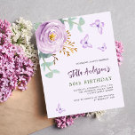 Convite de aniversário de orçamento para borboleta<br><div class="desc">Um fundo de cor lilás macio. Decorados com um rosa lilás,  roxo e eucalipto verde e borboletas,  de cor aquosa. Personalize e adicione seu nome e detalhes da festa. 1 folha = 1 convite impresso de borda a borda.</div>