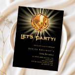 Convite de aniversário de ouro negro para o partid<br><div class="desc">Um convite de festas 50º (ou qualquer idade). Um fundo preto dedecorado com uma bola de disco ouro. Texto: Partido do Vamos! Personalize e adicione um nome e detalhes da parte. O nome é escrito com um script de estilo manuscrito. 1 folha = 1 convite impresso de borda a borda....</div>