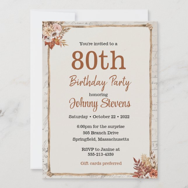 Convite de aniversário de outono de Vintage (Frente)