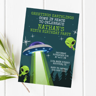 Convite de aniversário de OVNI de alienígena