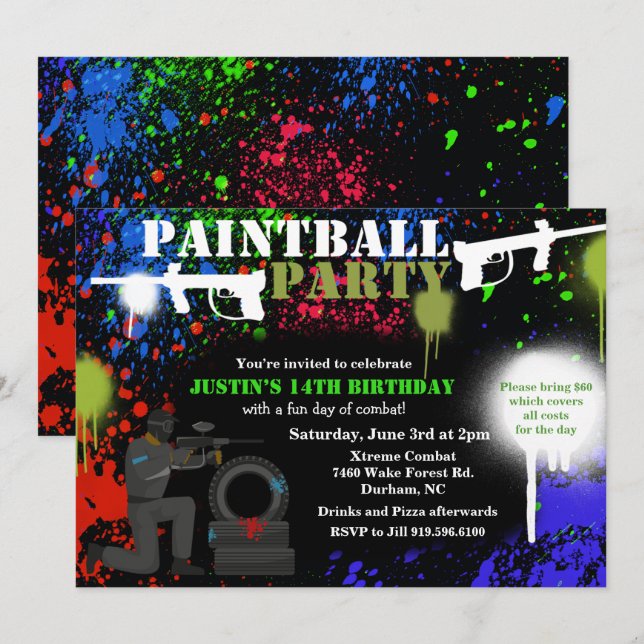Convite de Aniversário de Paintball Afro-Americano (Frente/Verso)