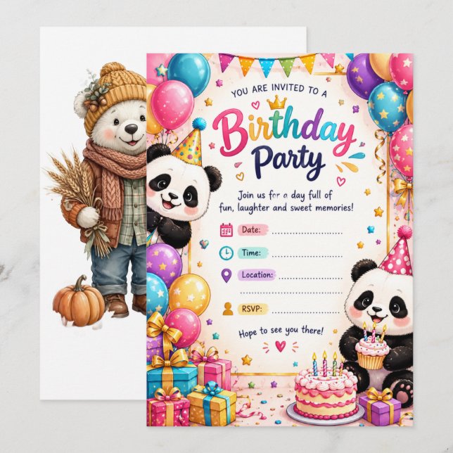 Convite de Aniversário de Panda Fofo (Frente/Verso)