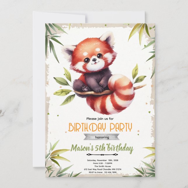 Convite de Aniversário de Panda Vermelho (Frente)