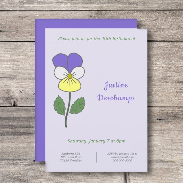 Convite de Aniversário de Pansy Selvagem Botânica (Botanical Wild Pansy Birthday Invitation)