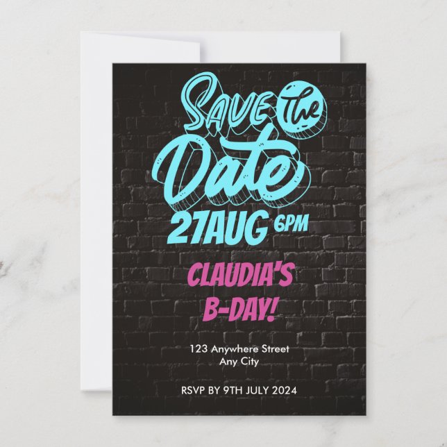 Convite de Aniversário de Parede de Tijolo Neon Vi (Frente)