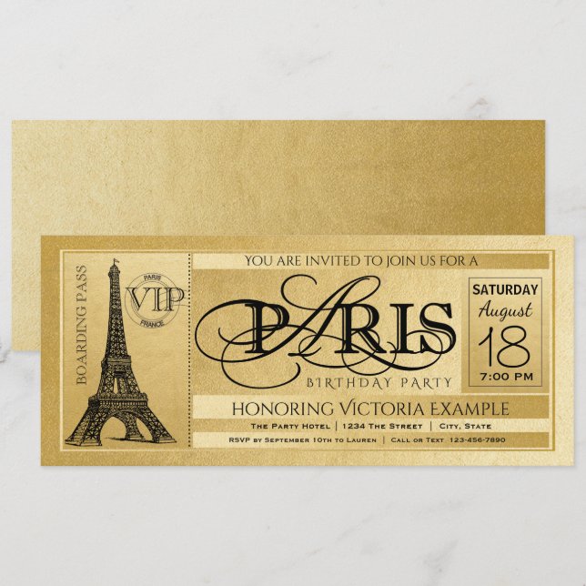 Convite de Aniversário de Paris Bilhete Dourado de (Frente/Verso)