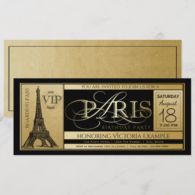 Convite de Aniversário de Paris em Cartão de Embar (Frente/Verso)