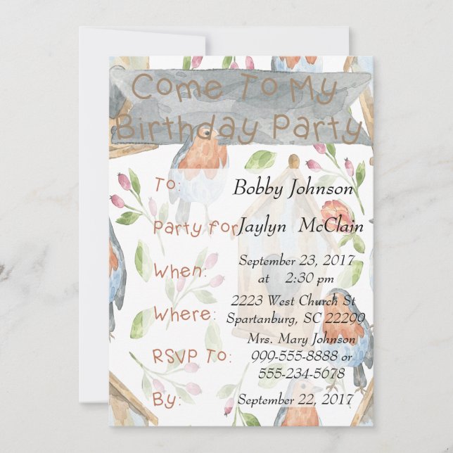 Convite de aniversário de pássaro e de passarinho (Frente)