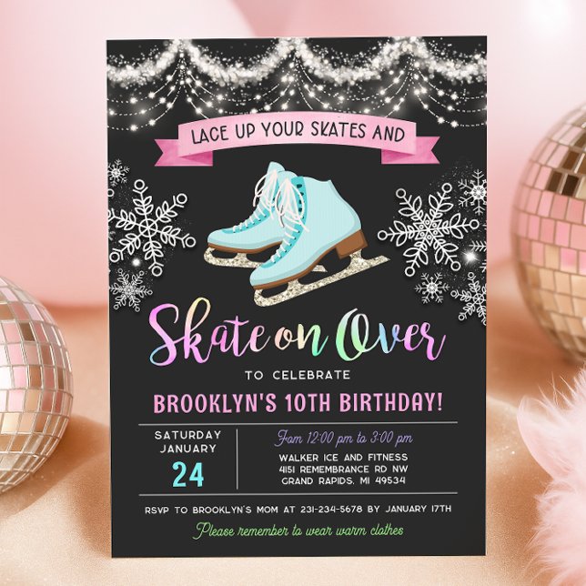 Convite de Aniversário de Patinação no Gelo (Girl Ice Skating Birthday Invitation)
