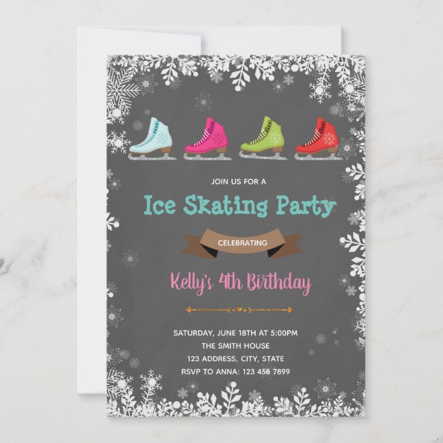 convite de aniversário de patinação no gelo de inv (Frente)