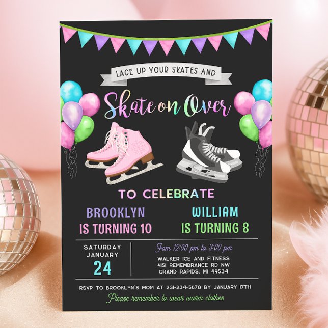 Convite de Aniversário de Patinação no Gelo Dupla (Ice Skating Birthday Invitation - Double Birthday Party)