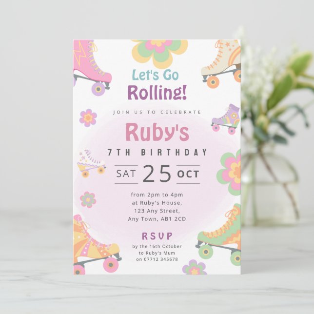 Convite de Aniversário de Patins de Rolamento Retr (Em pé/Frente)