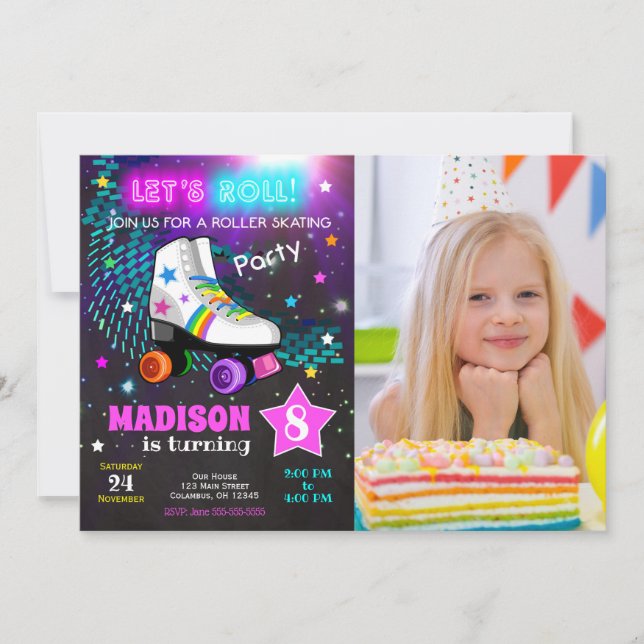 Convite de Aniversário de Patins em Linha / Neon (Frente)