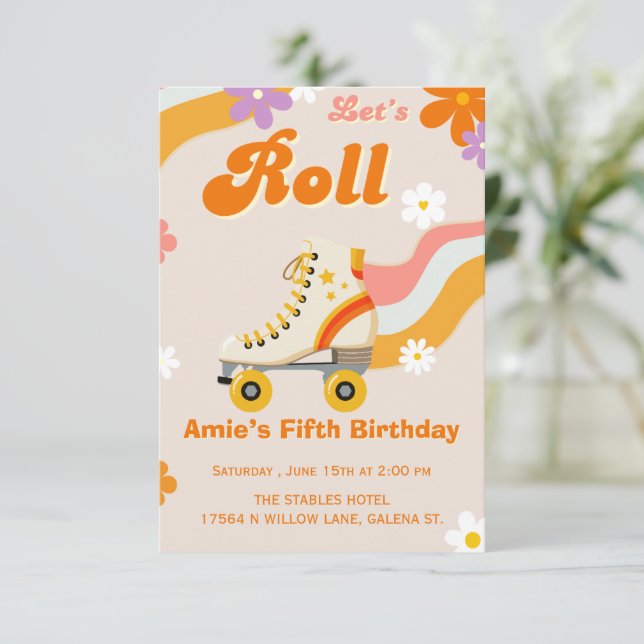 Convite de Aniversário de Patins Retrô para Menina (Em pé/Frente)