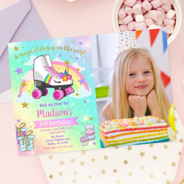Convite de Aniversário de Patins Unicórnio (Criador carregado)
