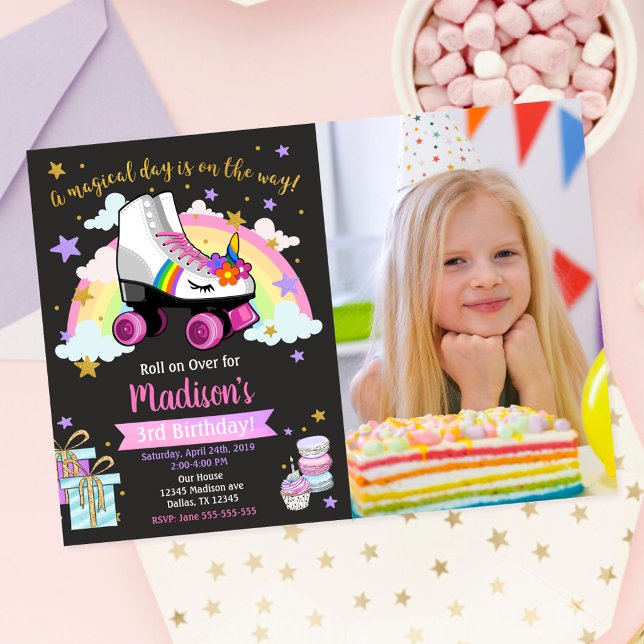 Convite de Aniversário de Patins Unicórnio (Criador carregado)