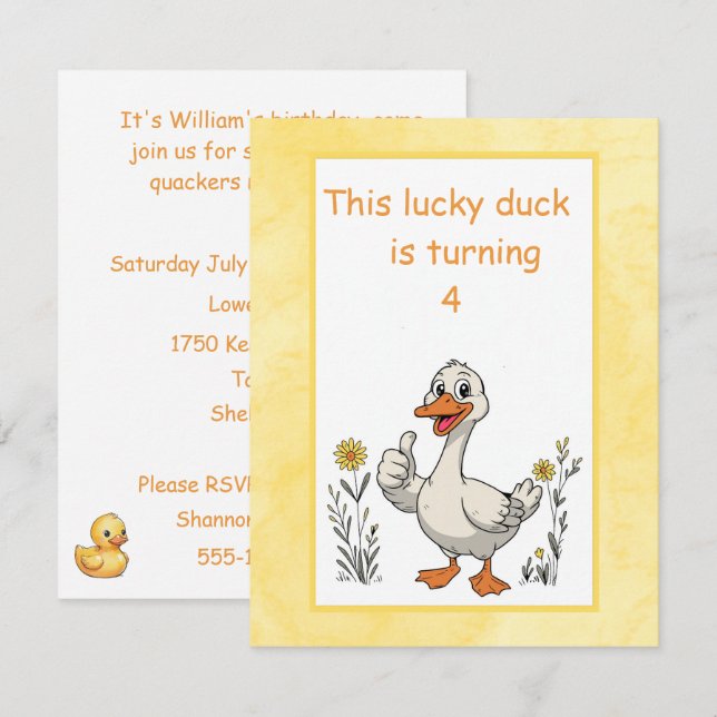 Convite de Aniversário de Pato Sortudo para Downlo (Frente/Verso)