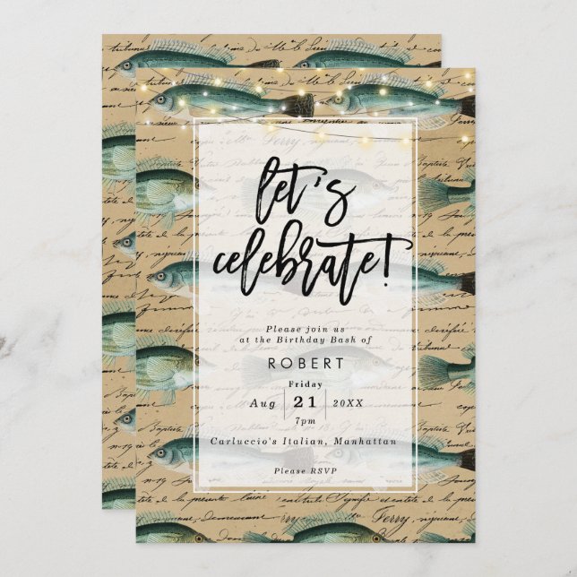 convite de aniversário de peixe antigo (Frente/Verso)