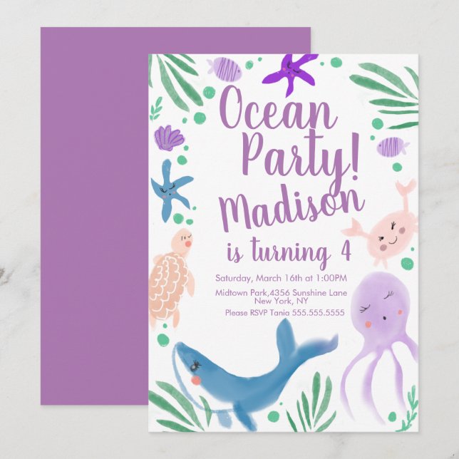 Convite de Aniversário de Peixes do Mar Oceano (Frente/Verso)