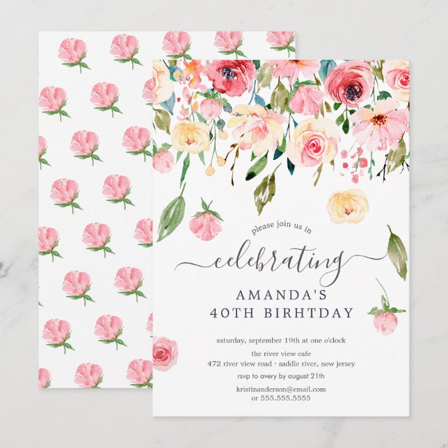 Convite de aniversário de Peonies Rosa Floral (Frente/Verso)