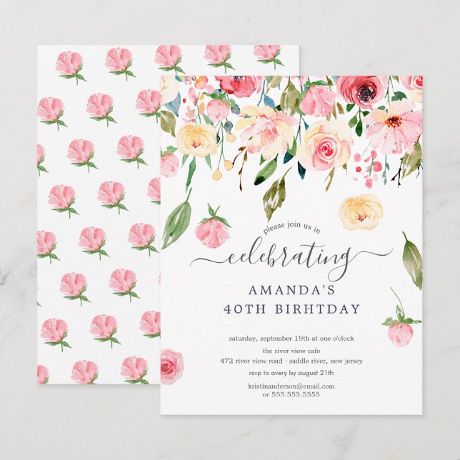 Convite de aniversário de Peonies Rosa Floral (Frente/Verso)