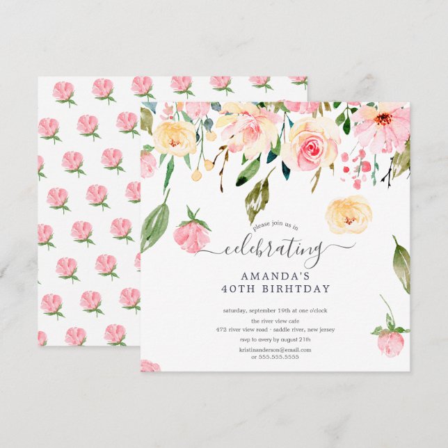 Convite de aniversário de Peonies Rosa Floral (Frente/Verso)
