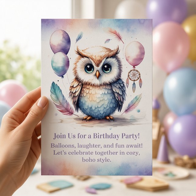 Convite de Aniversário de Pequena Coruja Woodland  (Little Owl Birthday Invitation Woodland Boho)