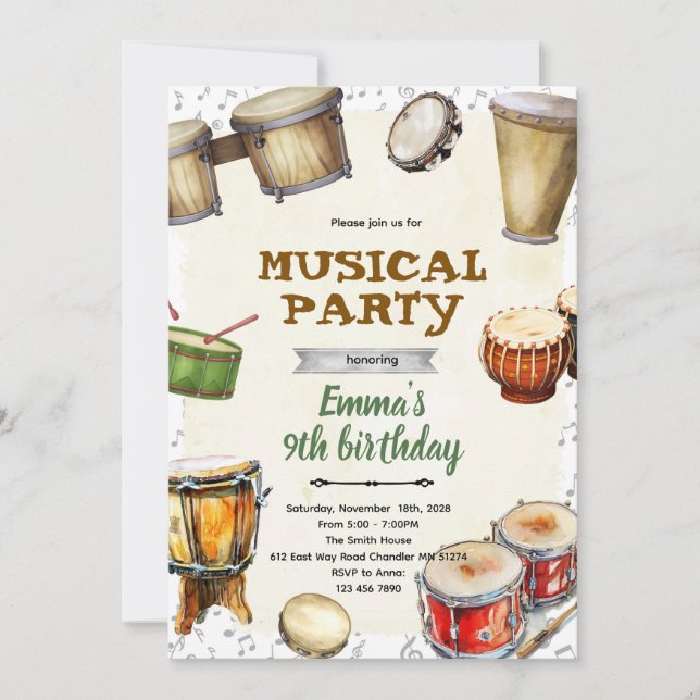Convite de aniversário de percussão (Frente)