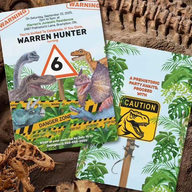 Convite de Aniversário de Perigo dos Dinossauros (Grab your bold dinosaur invitation with jungle leaves, warning tape, and adventure - if you dare!)