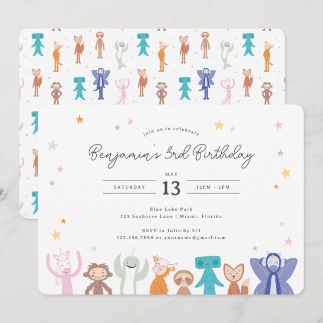 Convite de Aniversário de Personagens Slumberkins (Frente/Verso)