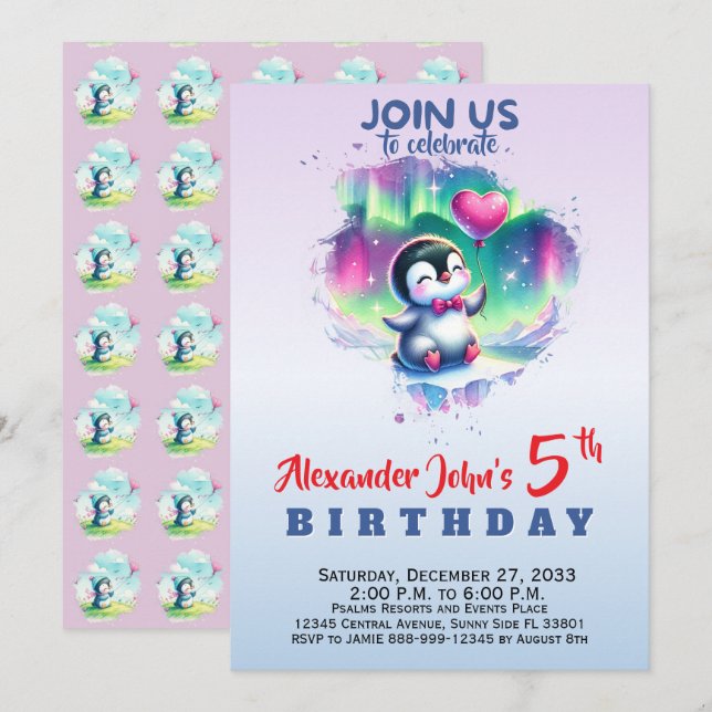 Convite de Aniversário de Pinguim Aquarela Fofo (Frente/Verso)