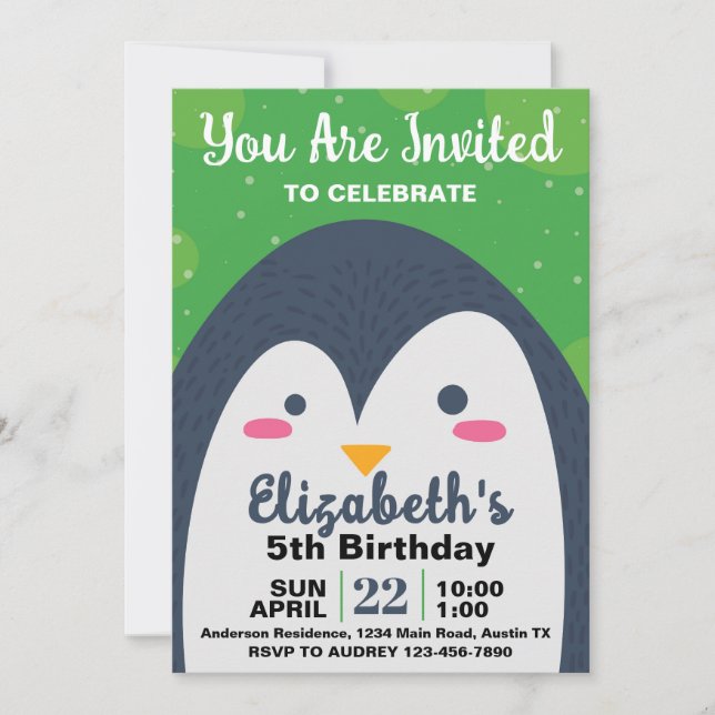 Convite de Aniversário de Pinguim Fofo (Frente)