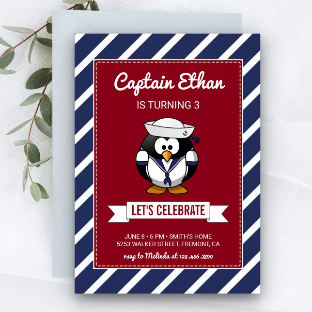 Convite de Aniversário de Pinguim Marinheiro Fofo (Criador carregado)