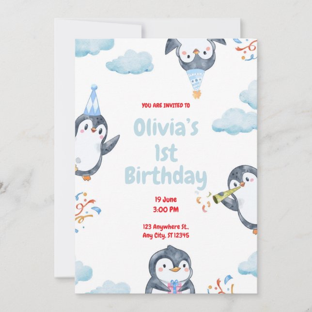 Convite de Aniversário de Pinguins Personalizado (Frente)