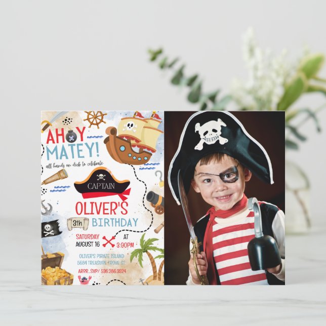 Convite de Aniversário de Pirata Ahoy Matey com Fo (Em pé/Frente)