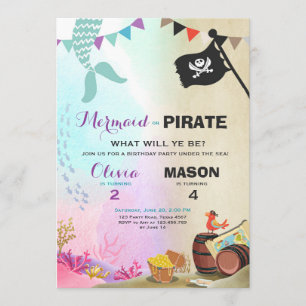 Convite de aniversário de Pirata ou Sereia Irmão
