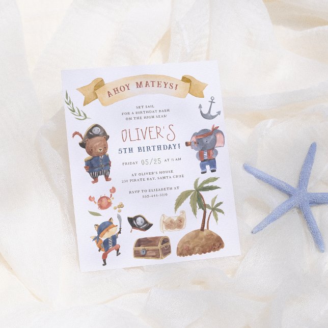 Convite de Aniversário de Piratas e Animais com Or (Criador carregado)