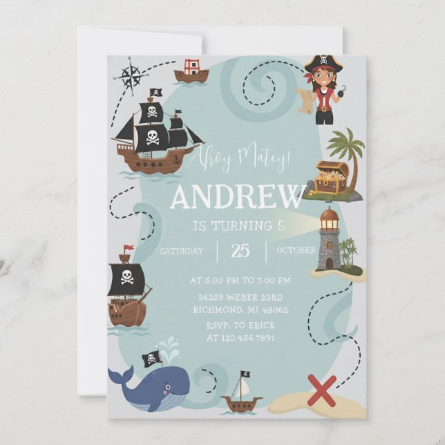 Convite de Aniversário de Piratas Modelo Ahoy Mate (Frente)
