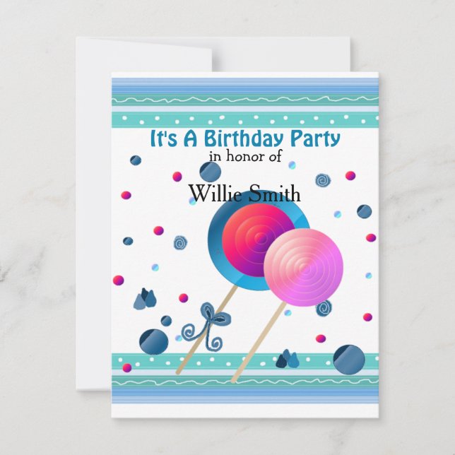 Convite de Aniversário de Pirulitos e Doces (Frente)