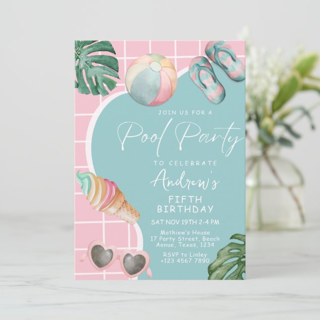 Convite de aniversário de Piscina da Summer Pastel (Em pé/Frente)